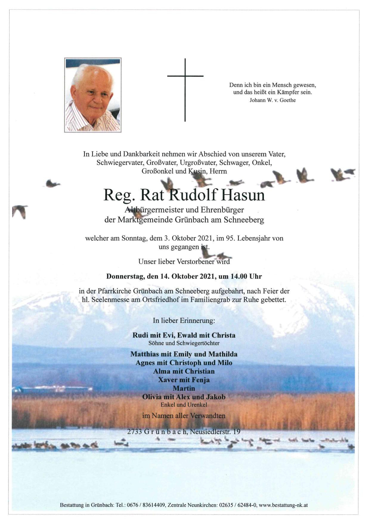 Traueranzeige von Reg. Rat Rudolf Hasun