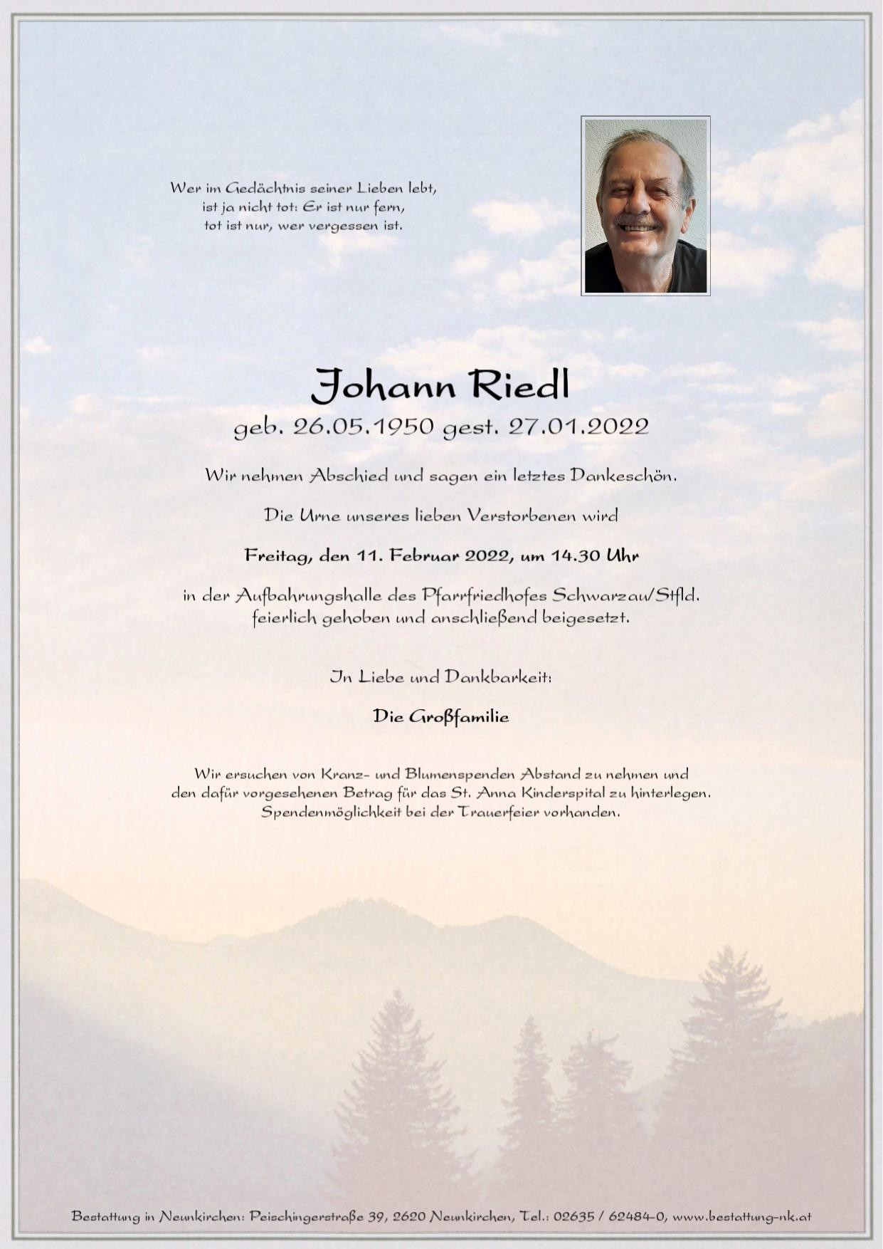 Traueranzeige von Johann Riedl