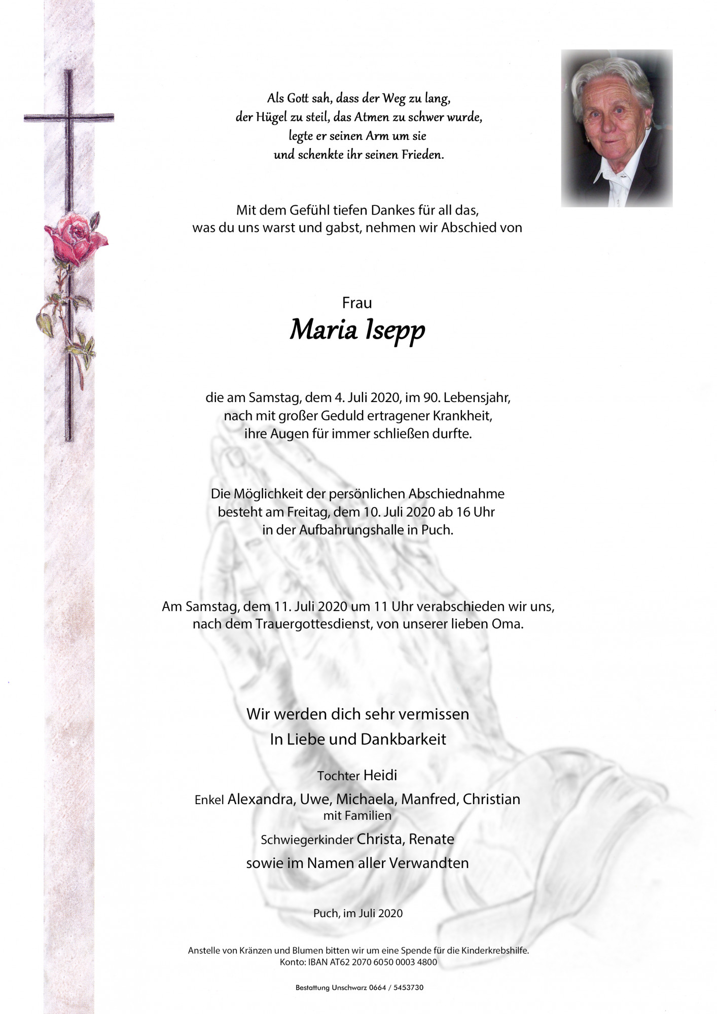 Traueranzeige von Maria Isepp