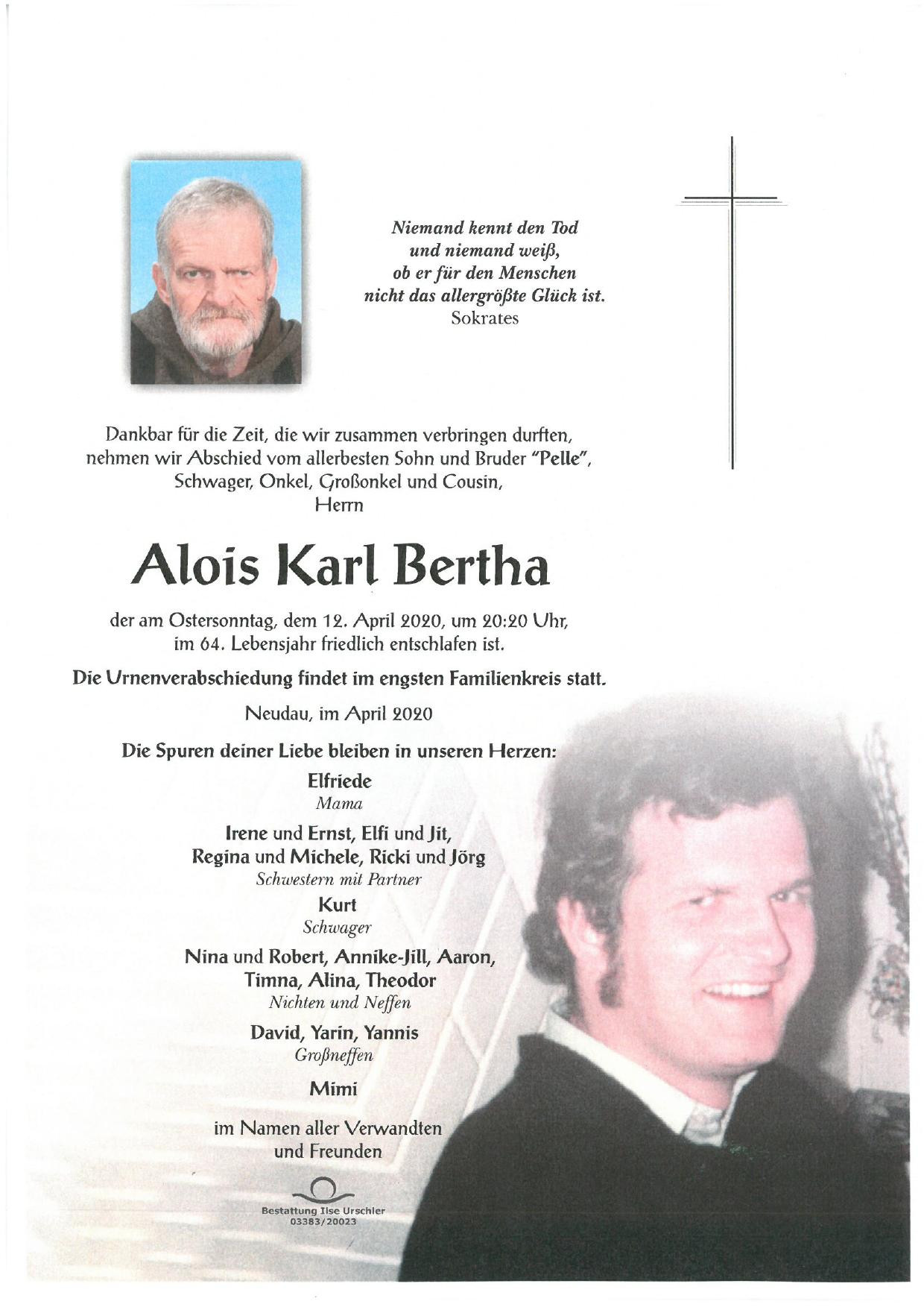 Traueranzeige von Alois Karl Bertha