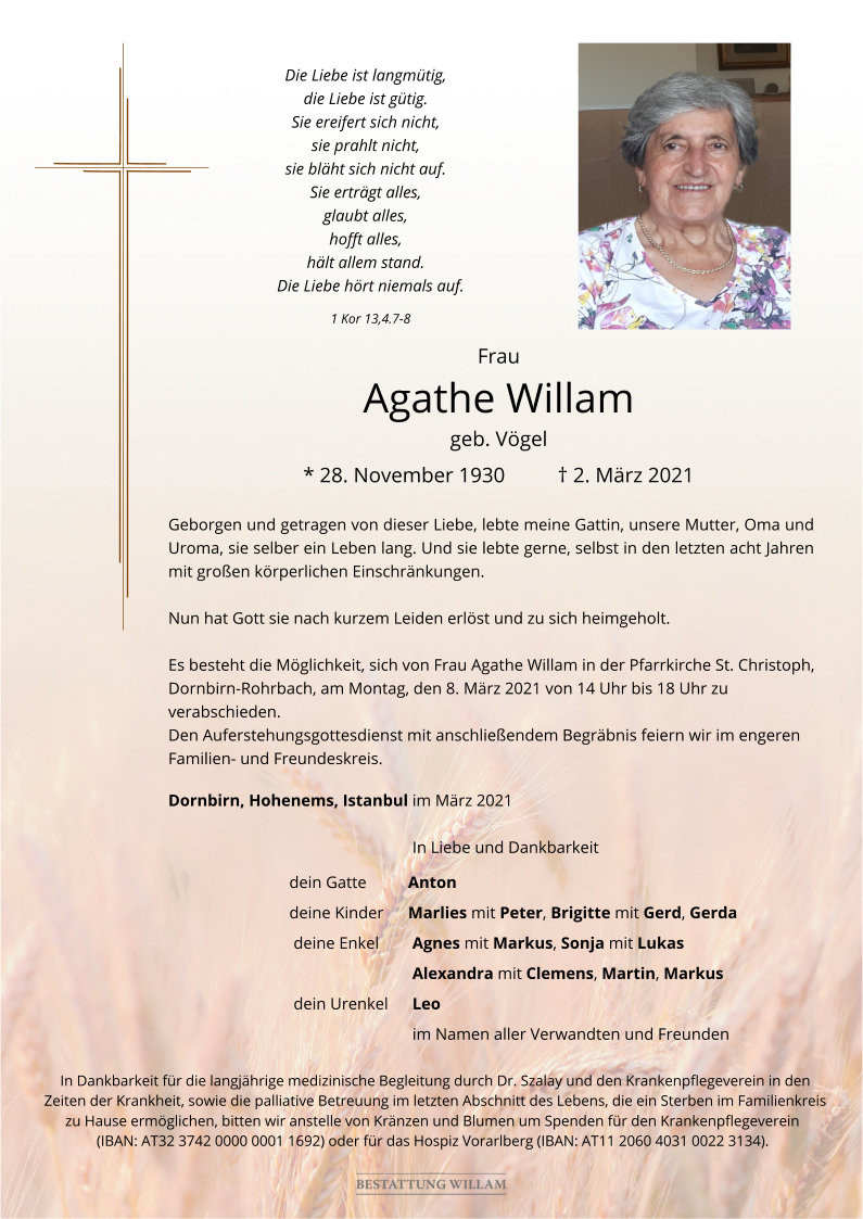 Traueranzeige von Agathe Willam