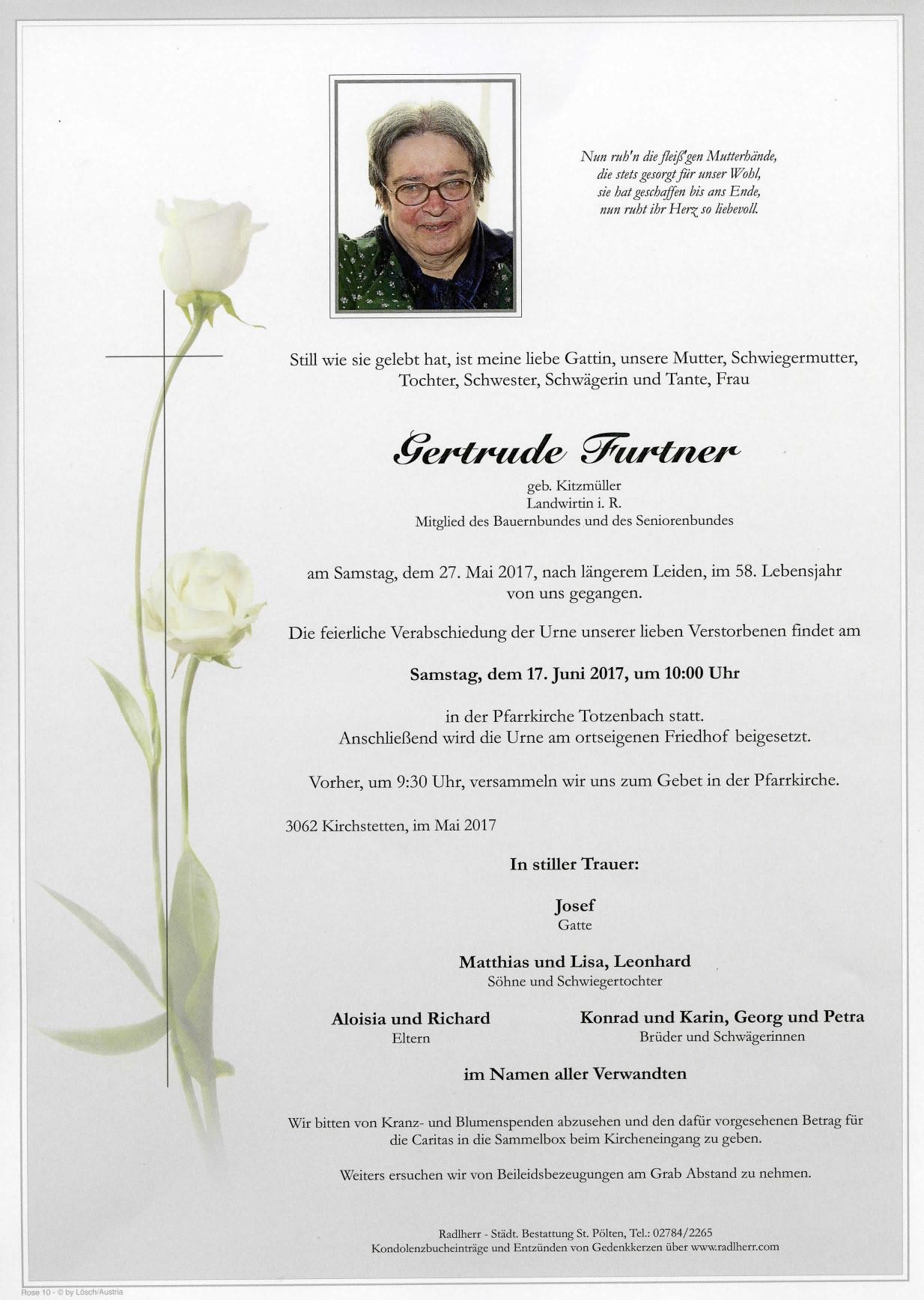 Traueranzeige von Gertrude Furtner