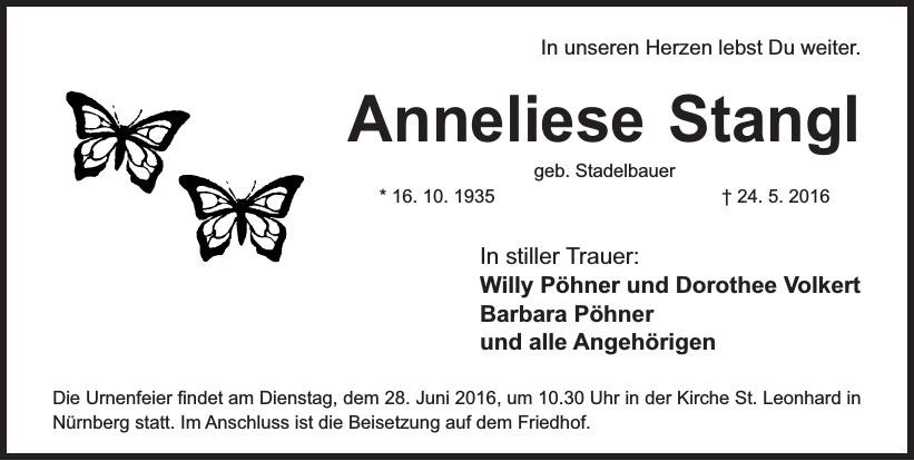 Traueranzeige von Anneliese Stangl
