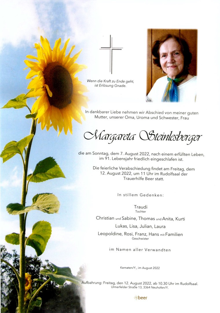 Traueranzeige von Margareta Steinlesberger