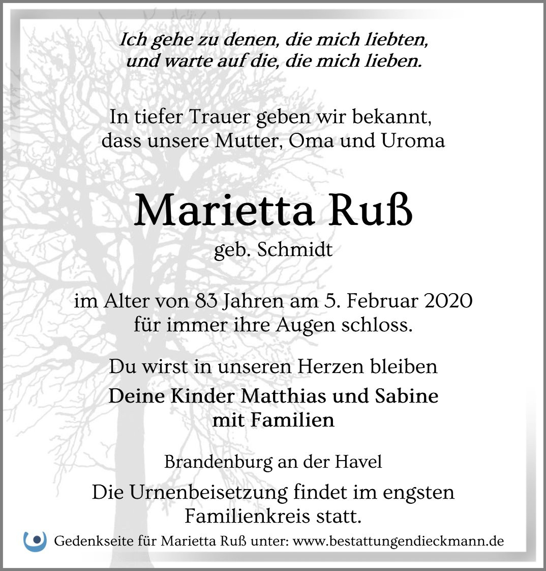 Traueranzeige von Marietta Ruß