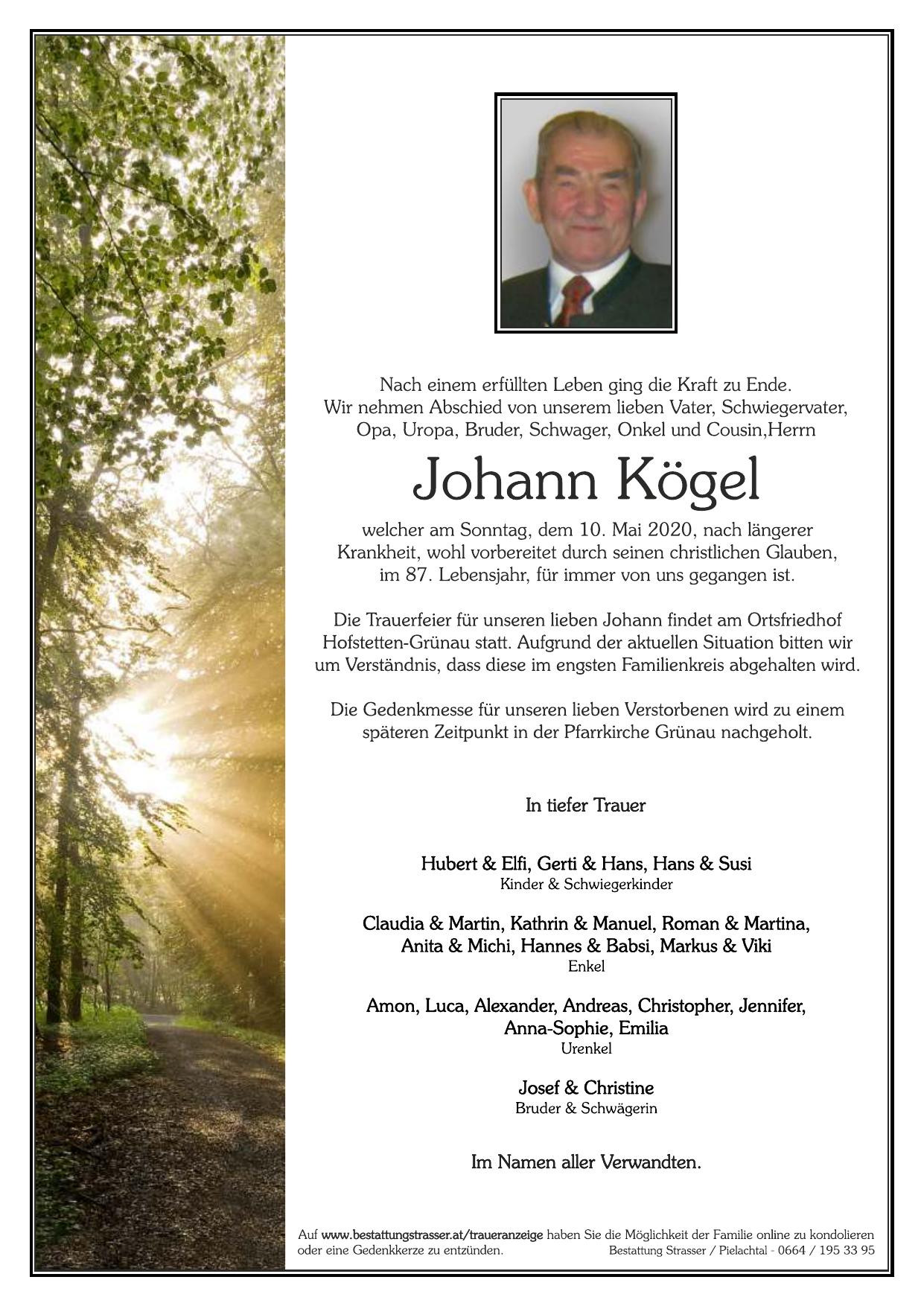 Traueranzeige von Johann Kögel