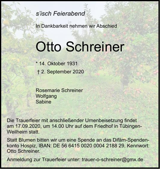Traueranzeige von Otto Schreiner