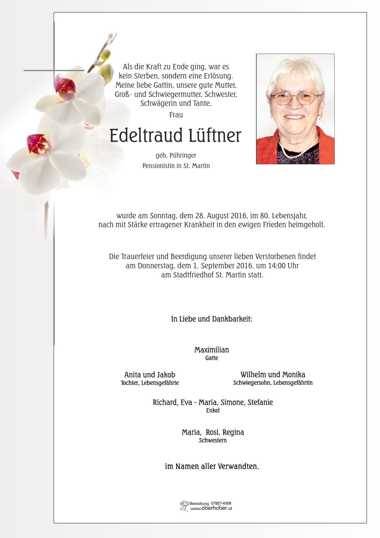 Traueranzeige von Edeltraud Lüftner