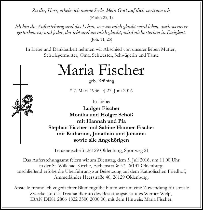 Traueranzeige von Maria Fischer
