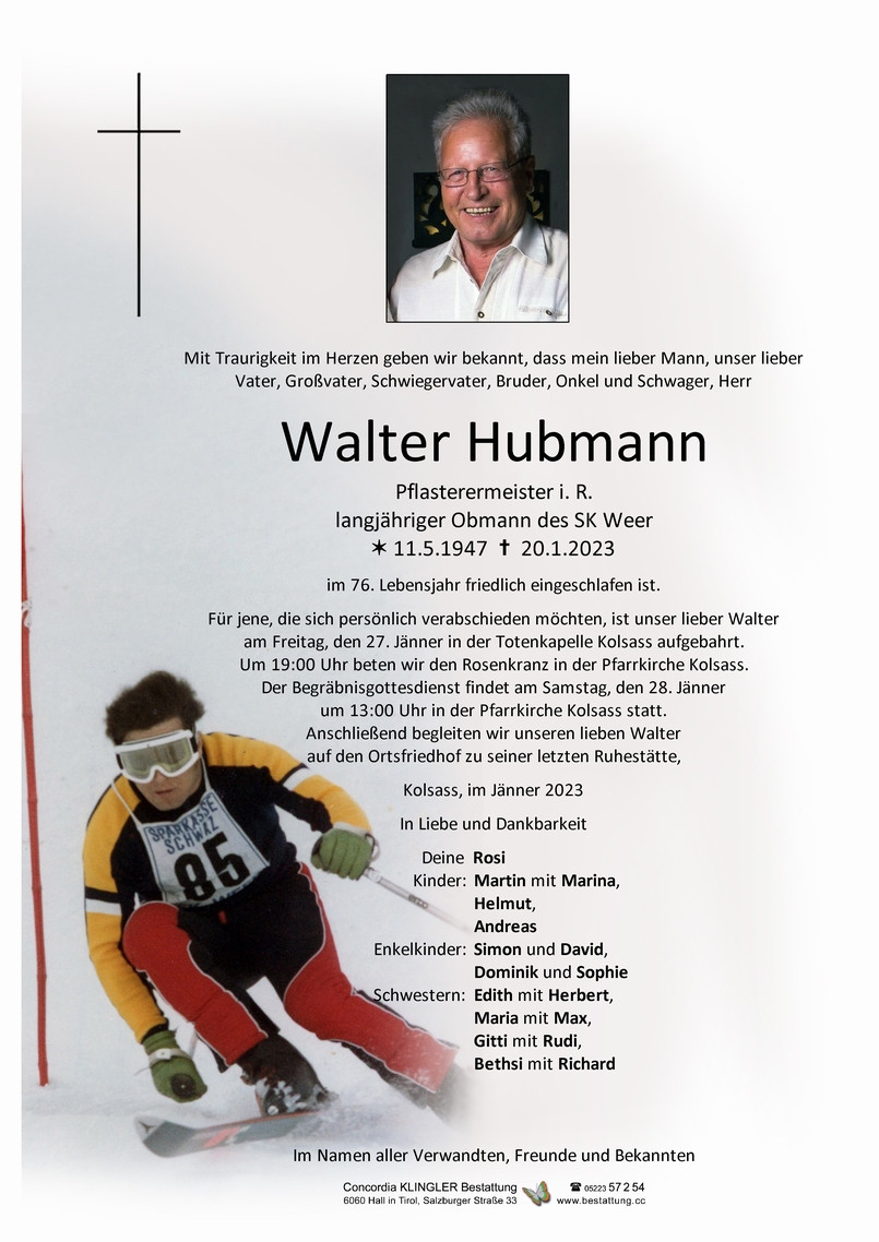 Traueranzeige von Walter Hubmann