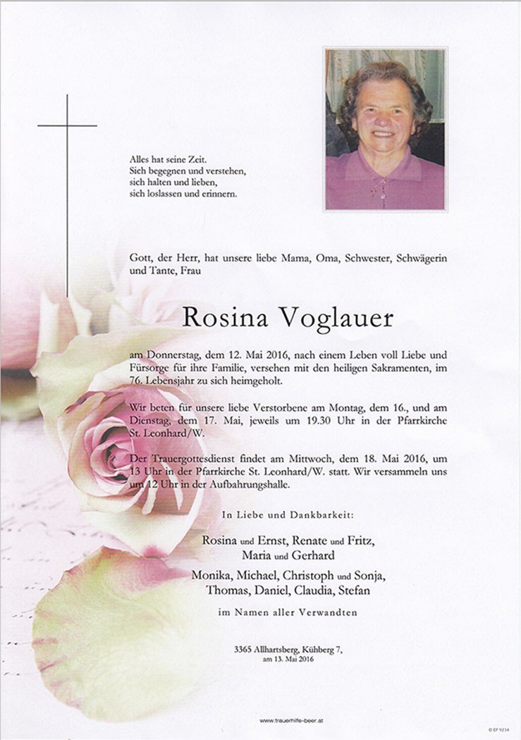 Traueranzeige von Rosina Voglauer