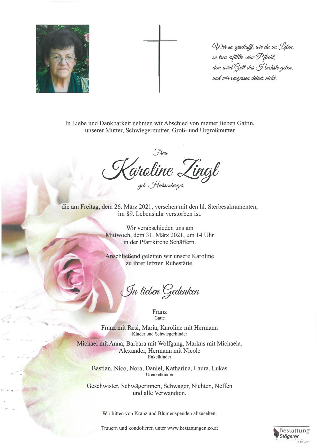Traueranzeige von Karoline Zingl