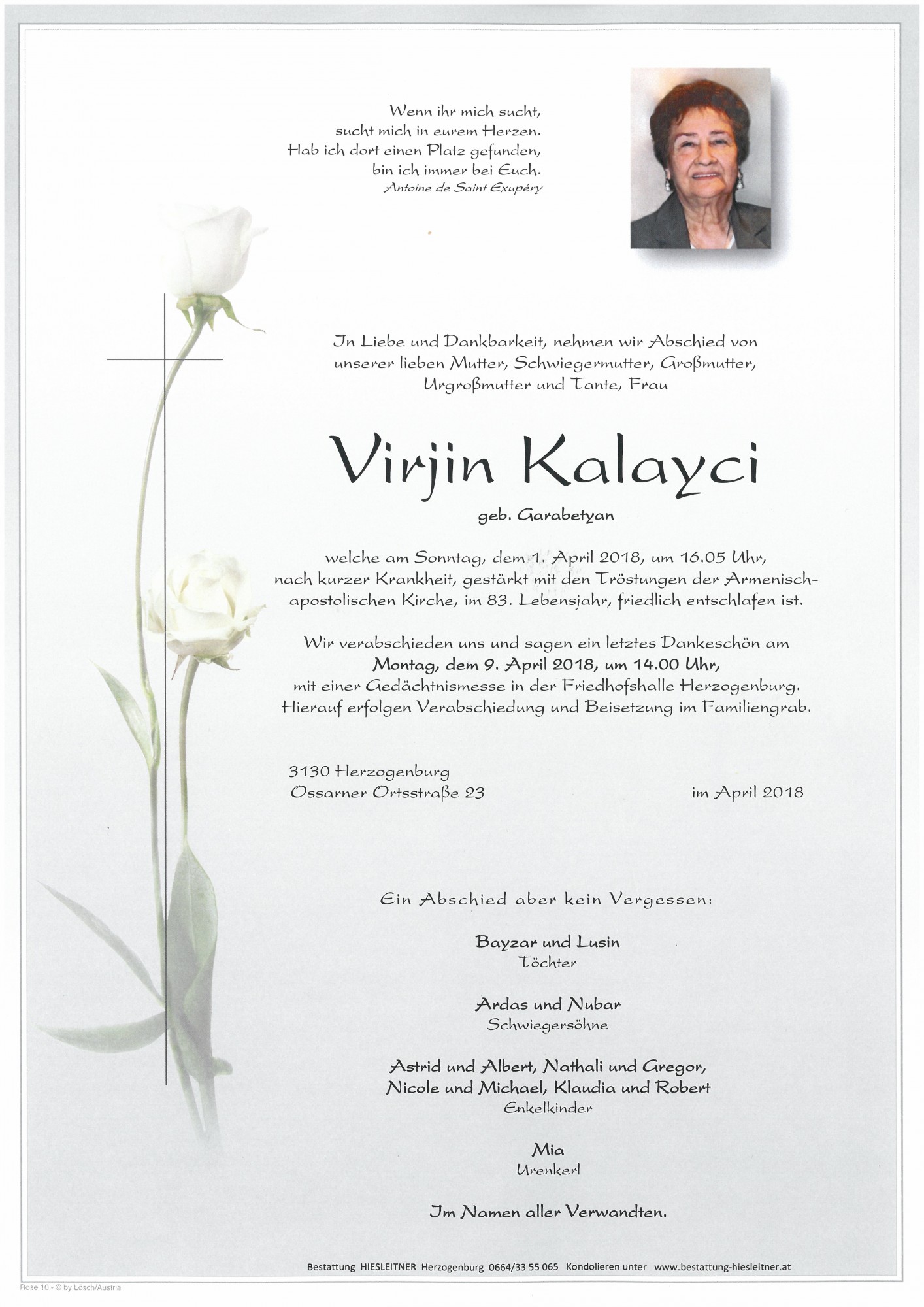 Traueranzeige von Virjin Kalayci