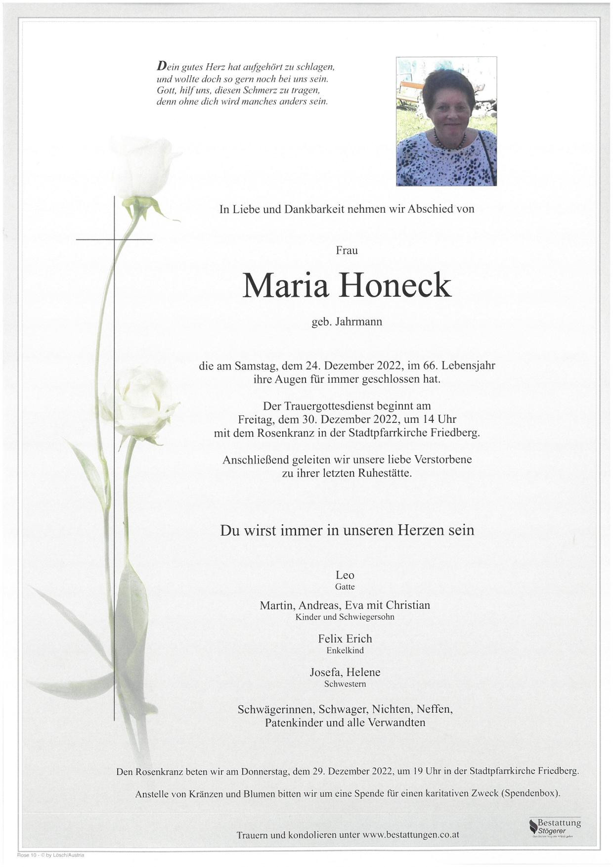 Traueranzeige von Maria Honeck
