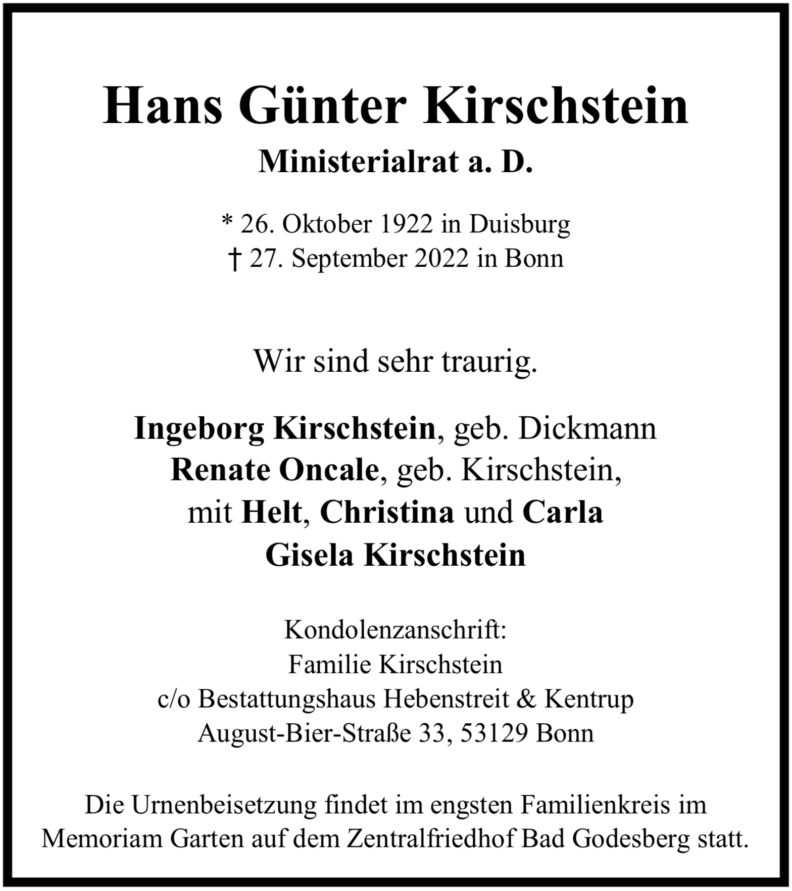 Traueranzeige von Hans Günter Kirschstein