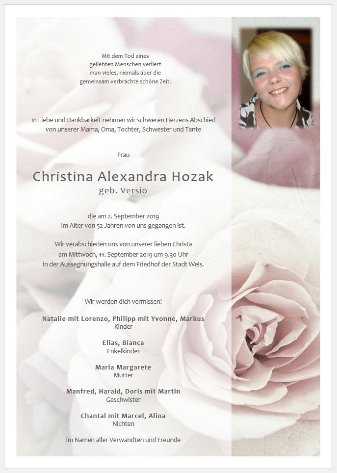 Traueranzeige von Christina Alexandra Hozak
