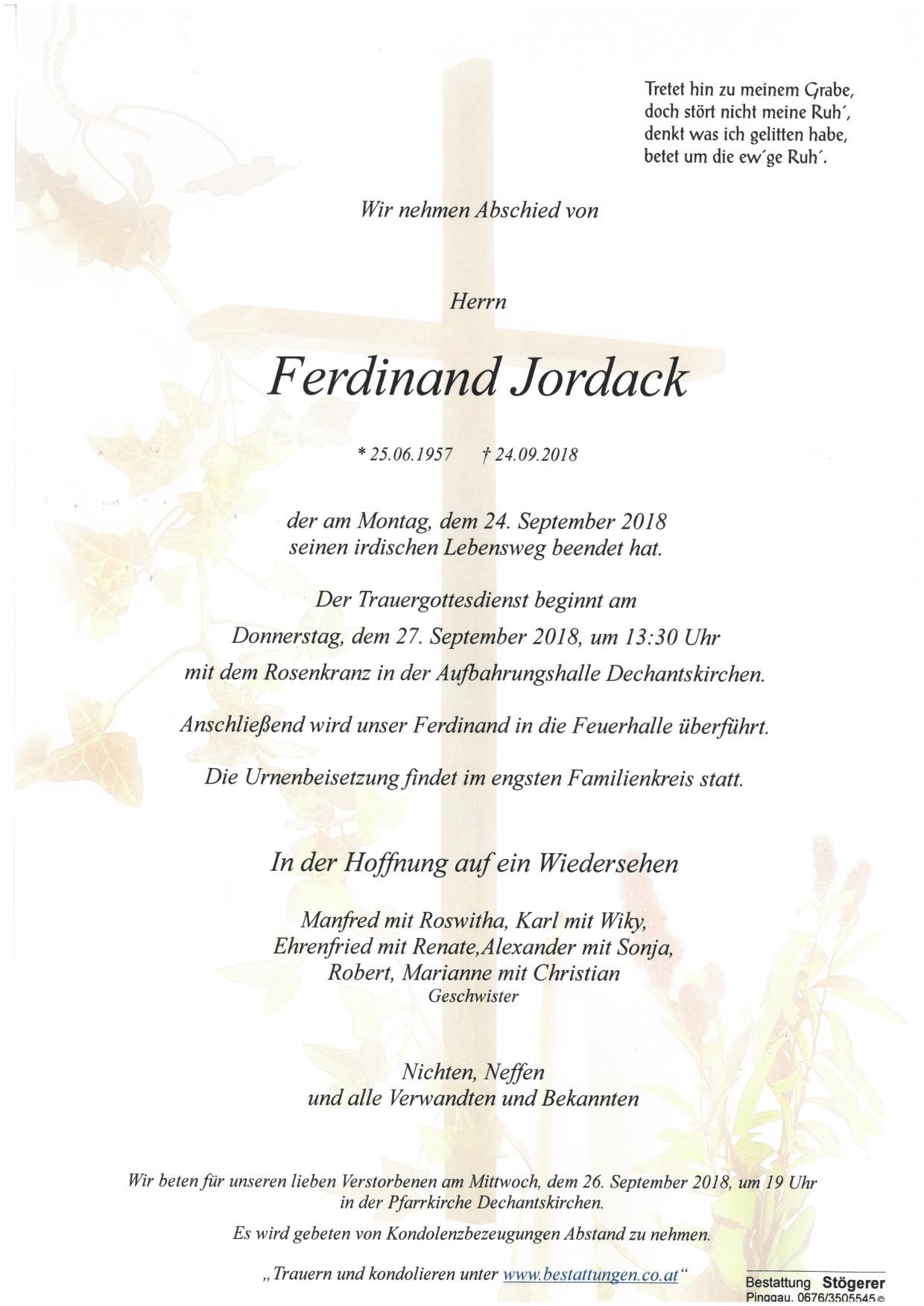Traueranzeige von Ferdinand Jordack