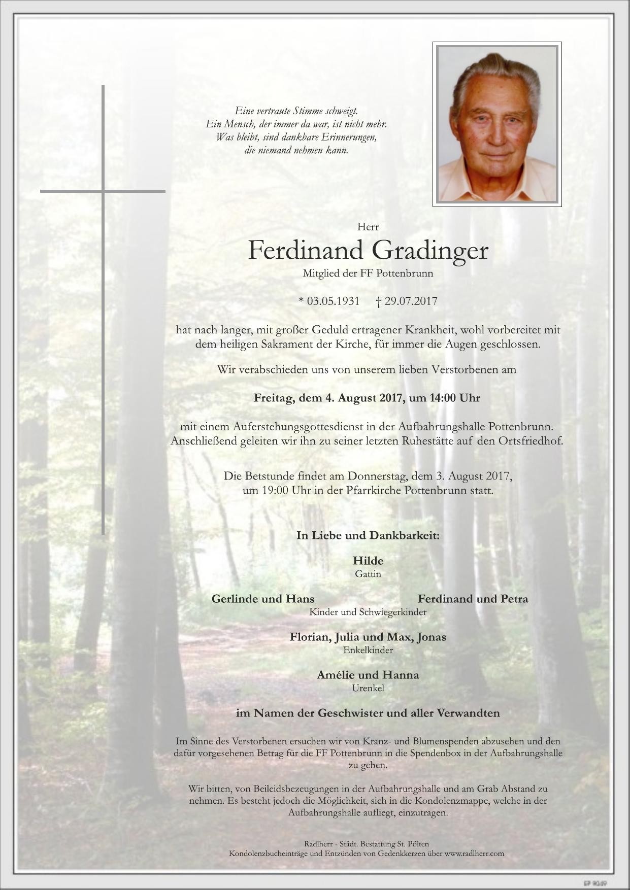 Traueranzeige von Ferdinand Gradinger