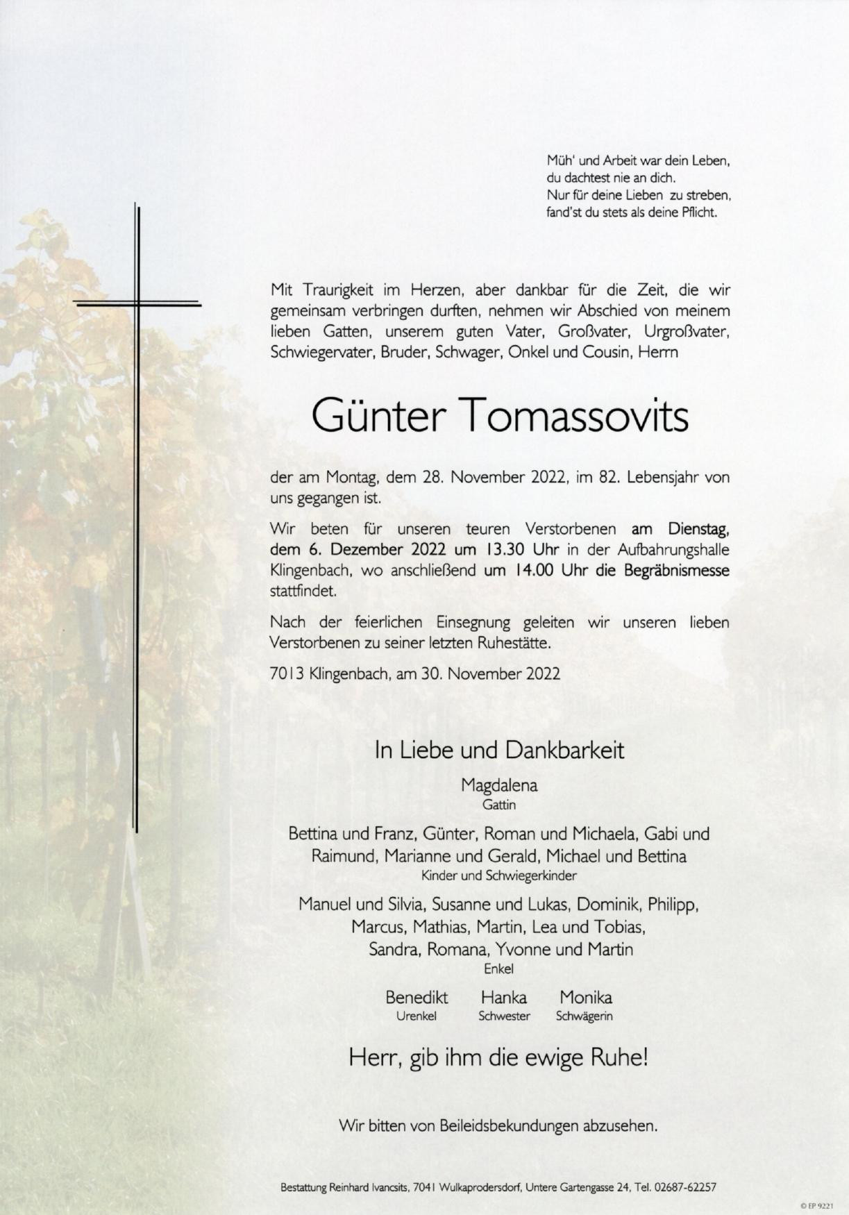 Traueranzeige von Günter Tomassovits