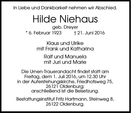 Traueranzeige von Hilde Niehaus