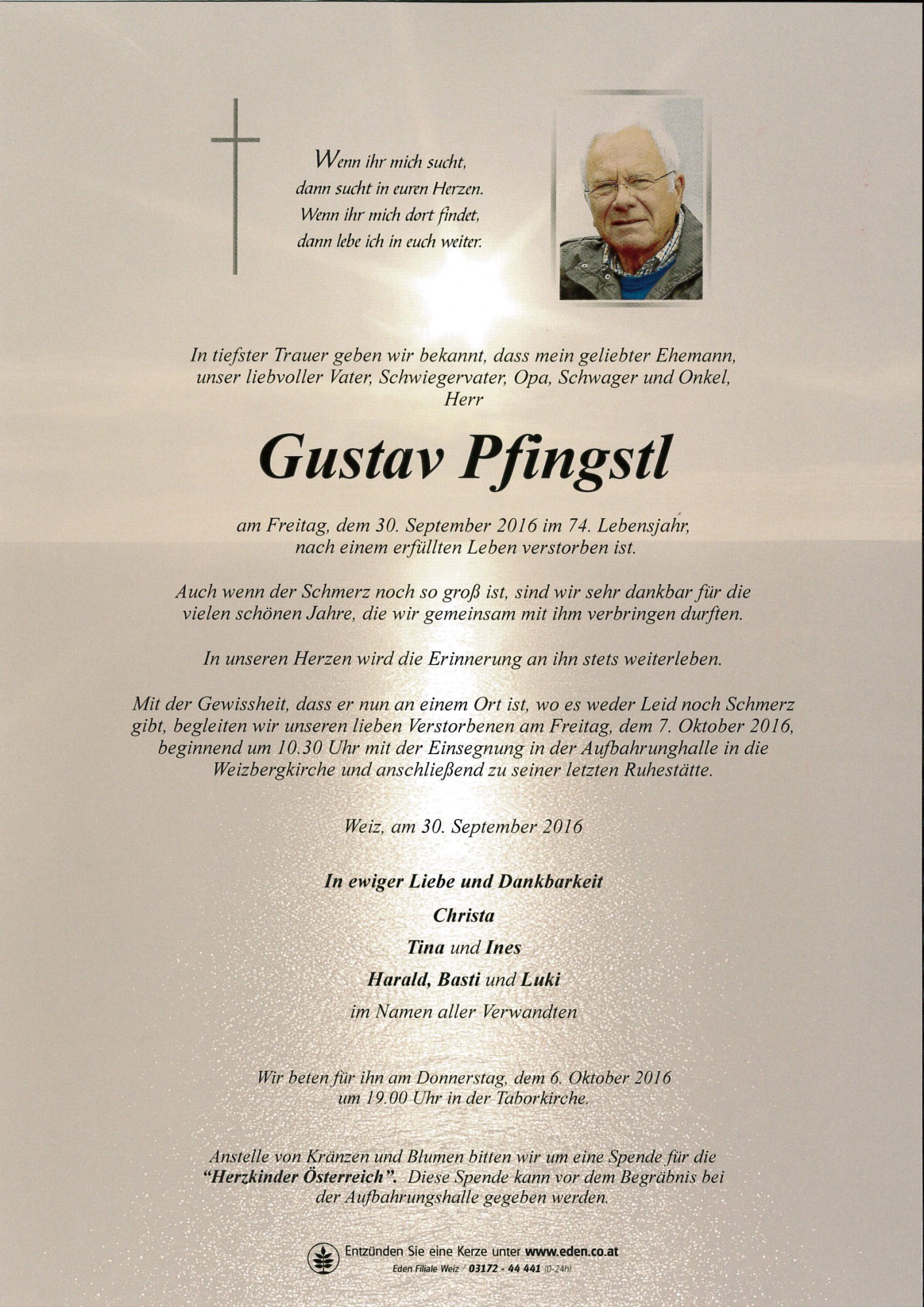 Traueranzeige von Gustav Pfingstl