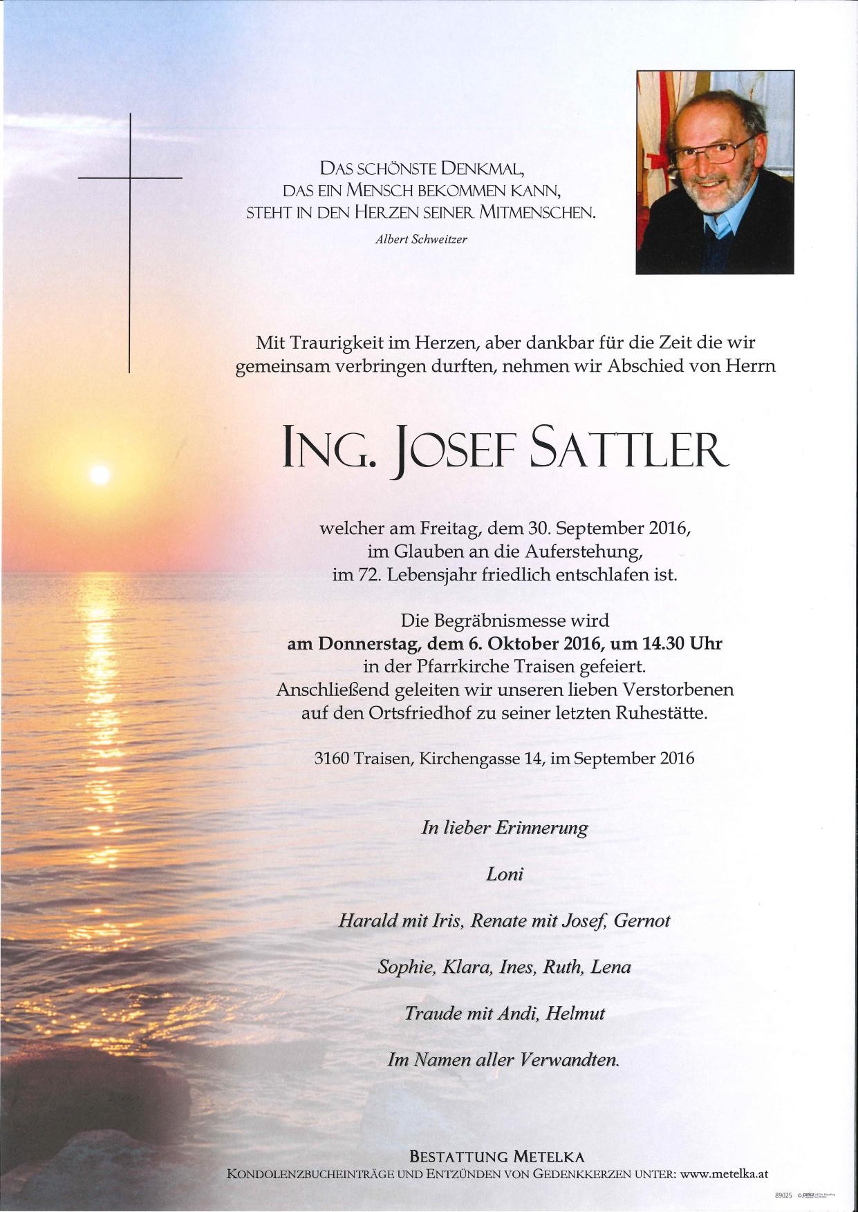Traueranzeige von Ing. Josef Sattler