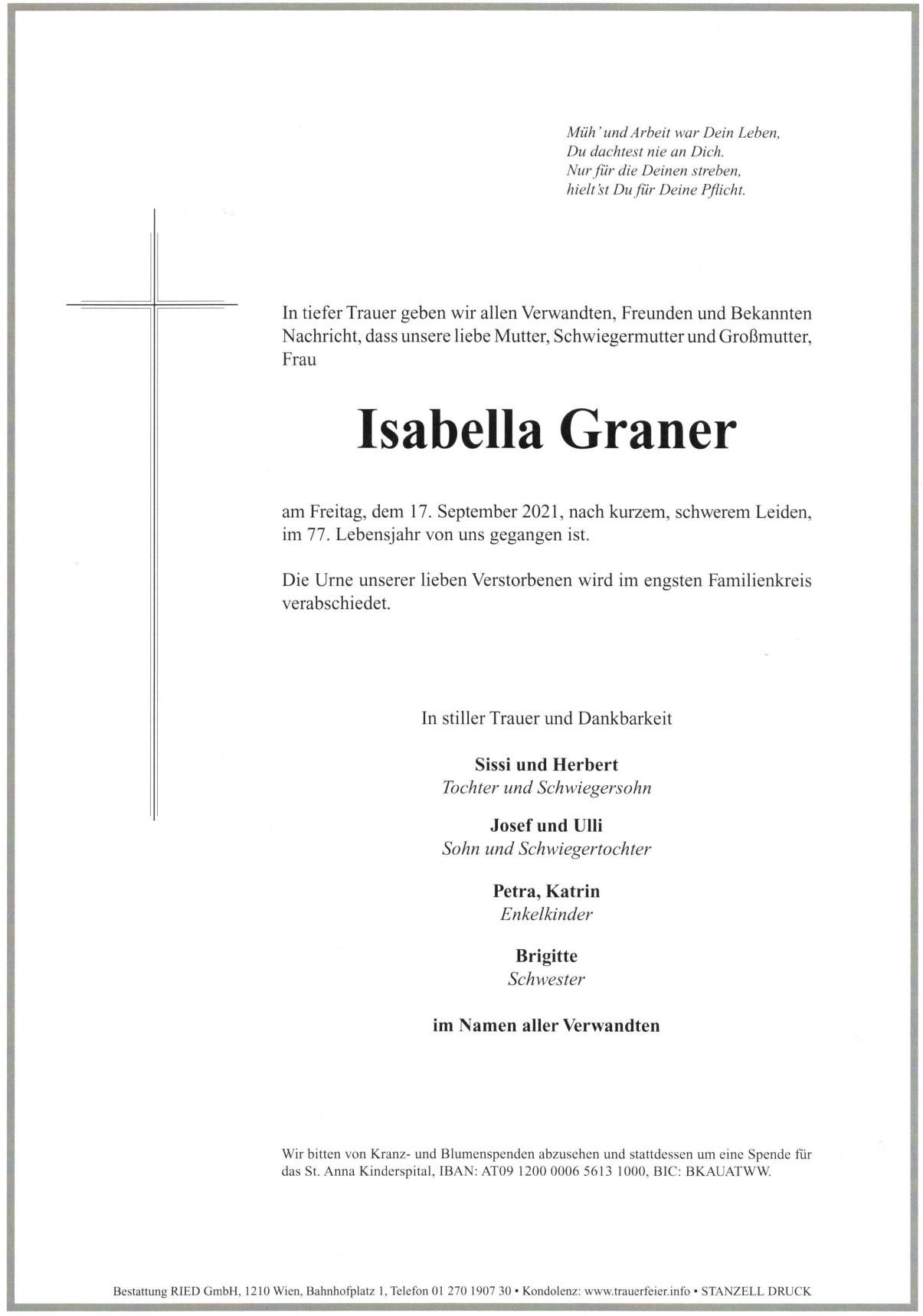 Traueranzeige von Isabella Graner