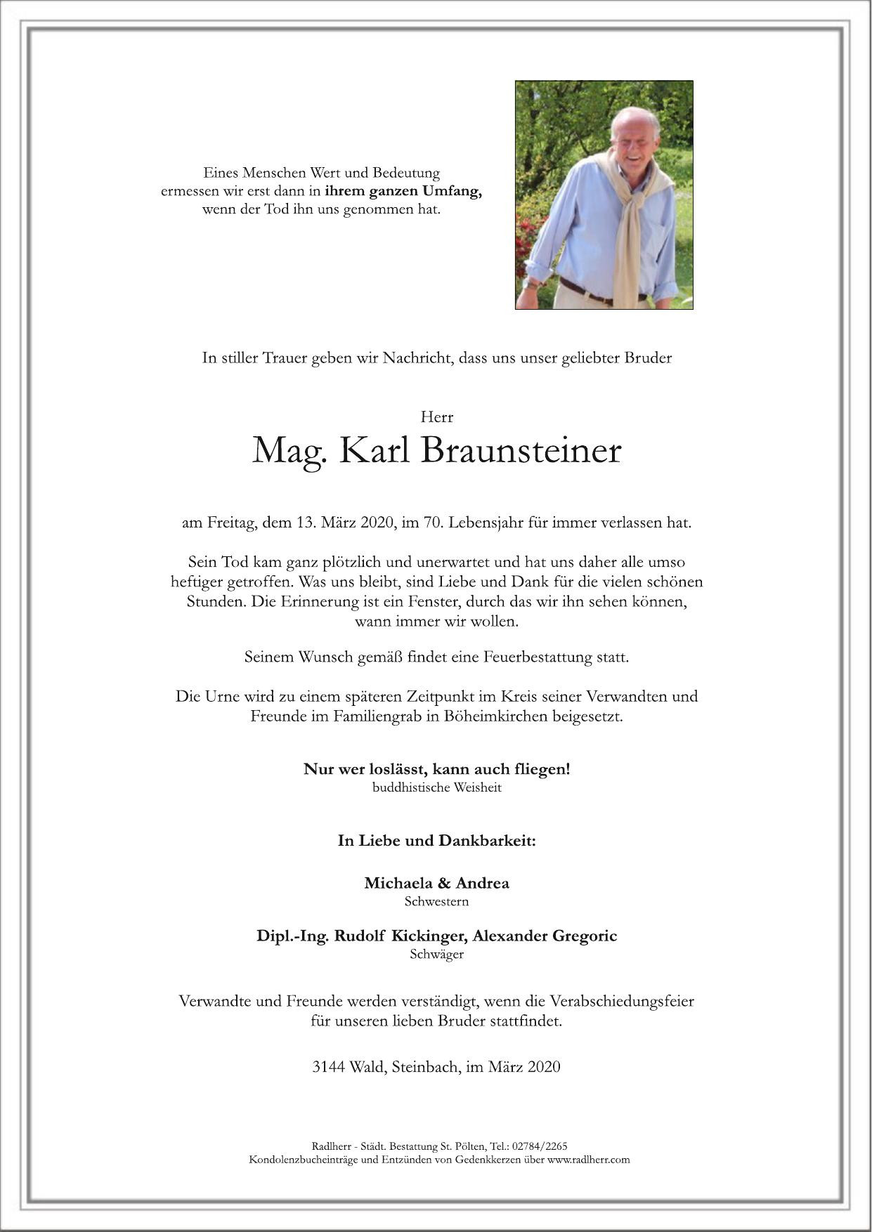 Traueranzeige von Karl Braunsteiner
