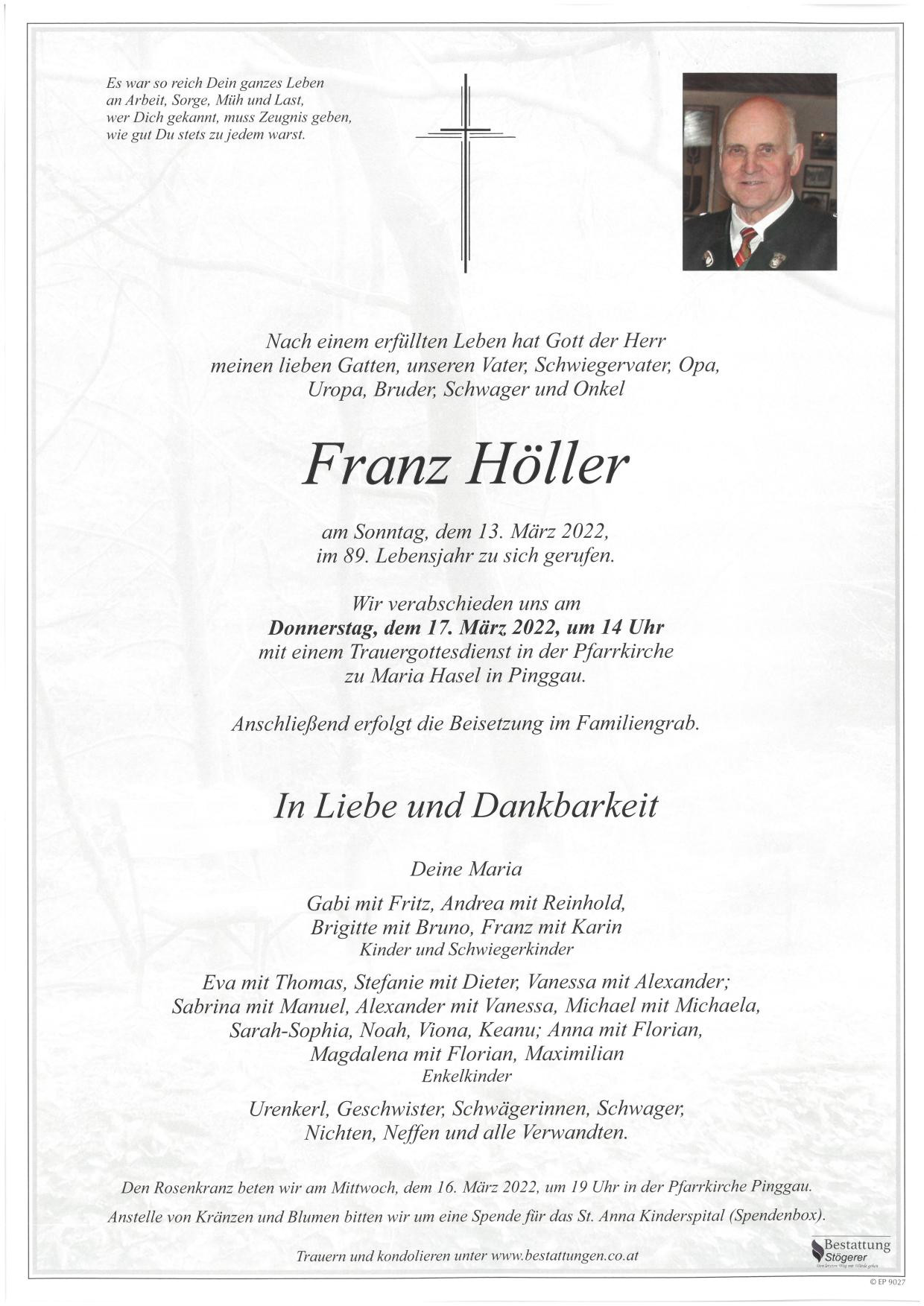 Traueranzeige von Franz Höller