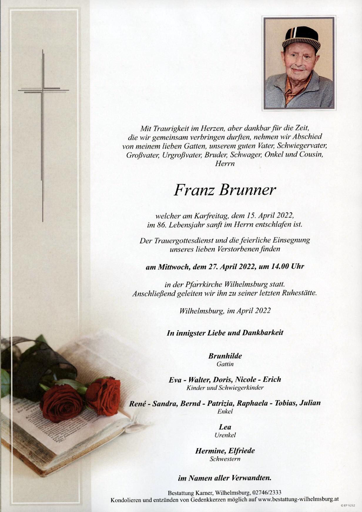 Traueranzeige von Franz Brunner