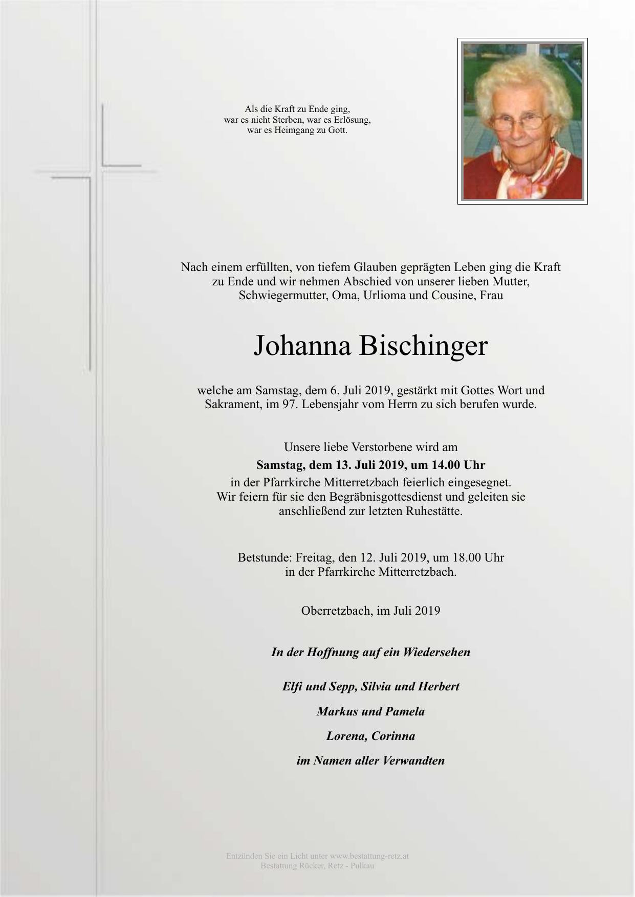 Traueranzeige von Johanna Bischinger