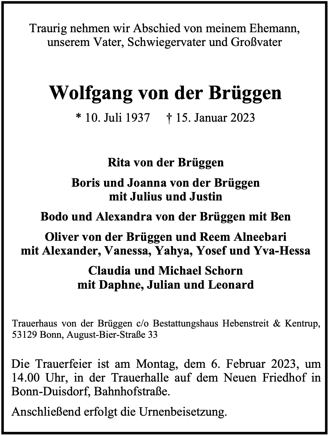 Traueranzeige von Wolfgang von der Brüggen