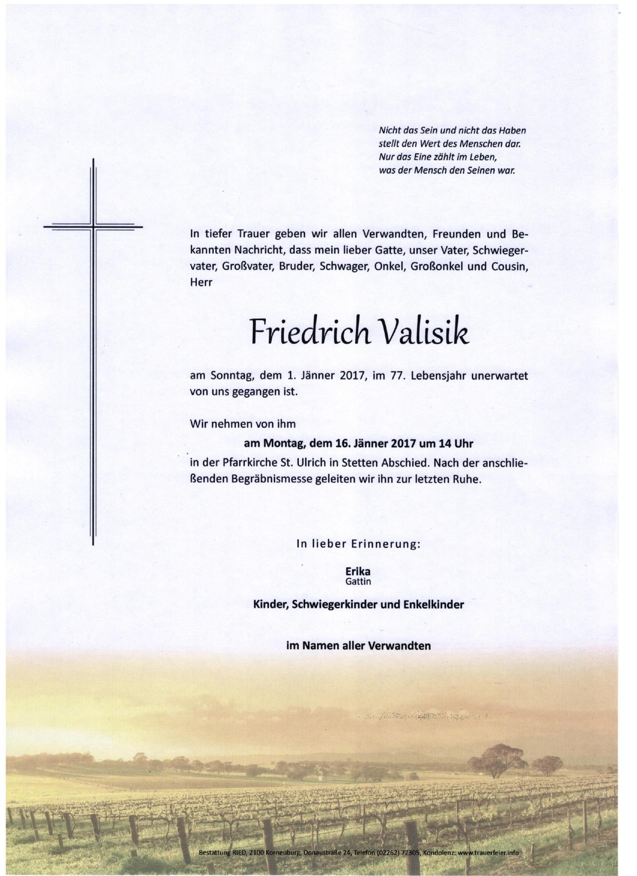 Traueranzeige von Friedrich Valisik