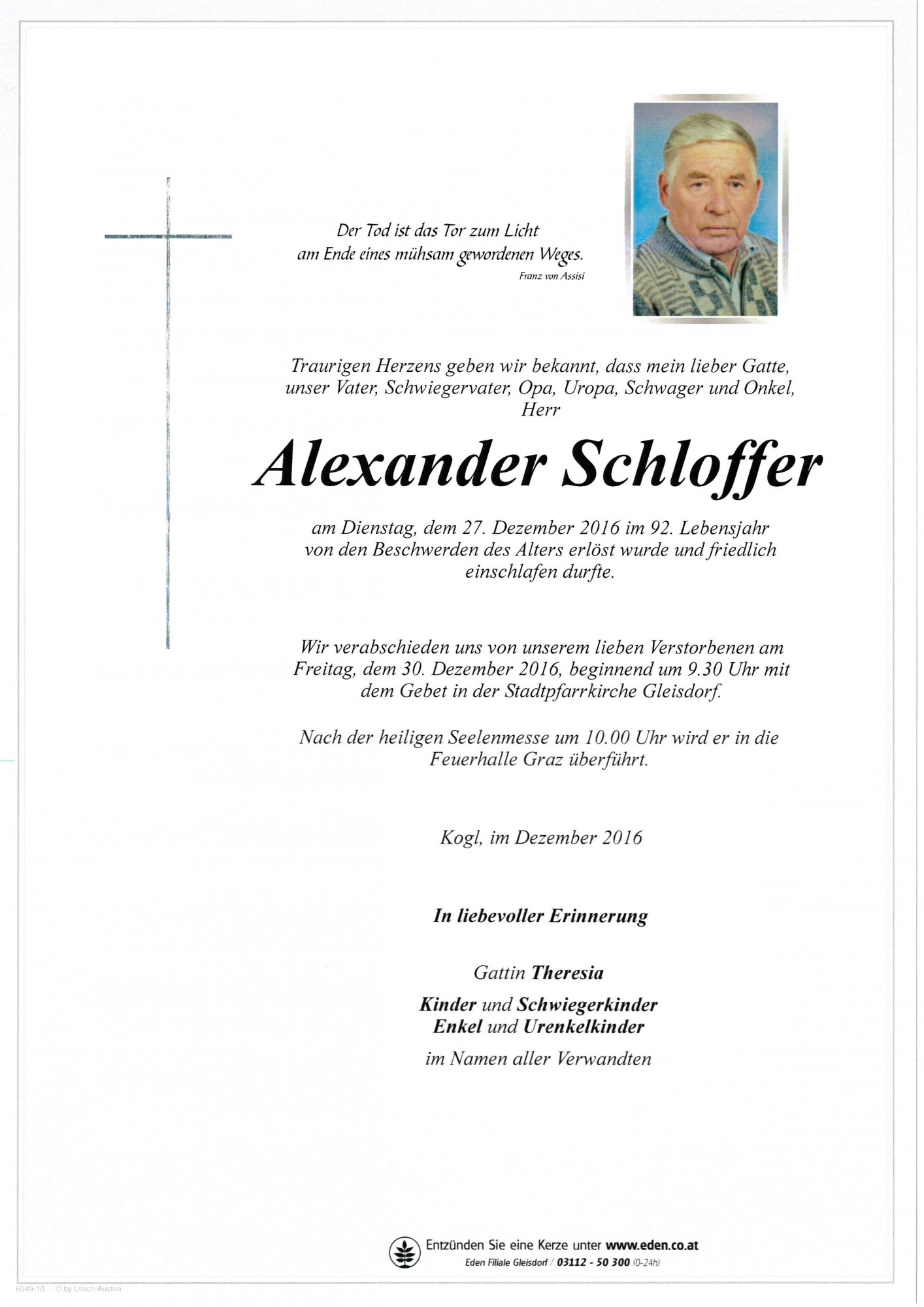Traueranzeige von Alexander Schloffer