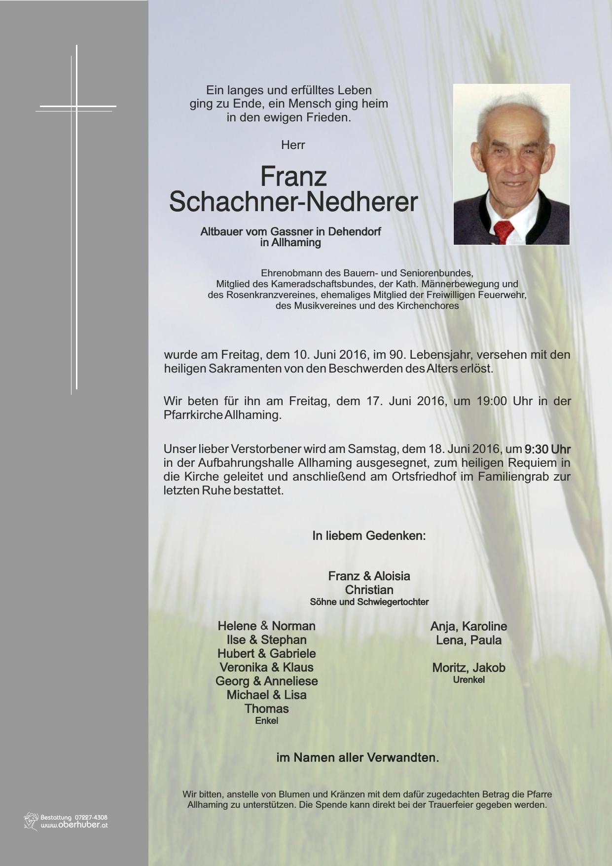 Traueranzeige von Franz Schachner-Nedherer