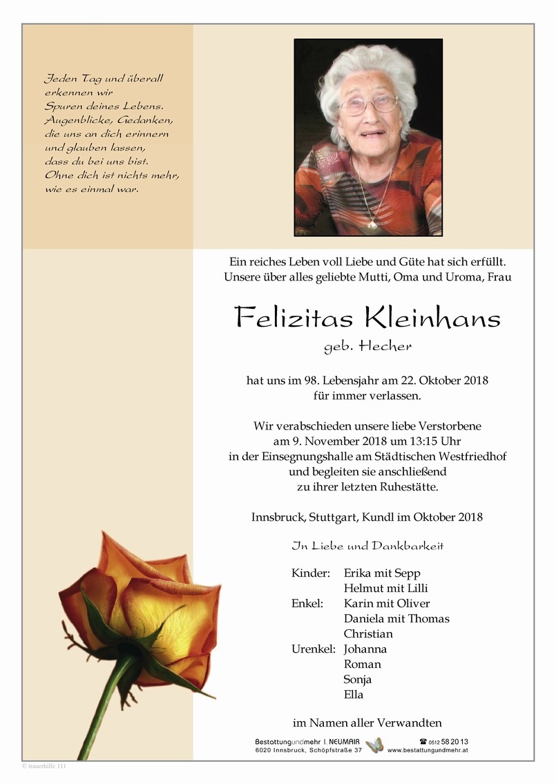 Traueranzeige von Felizitas Kleinhans