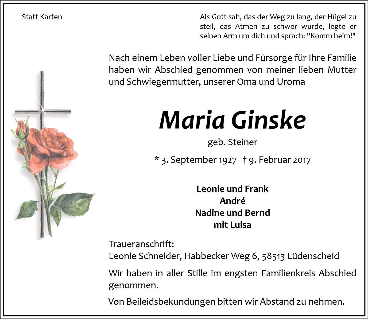 Traueranzeige von Maria Ginske
