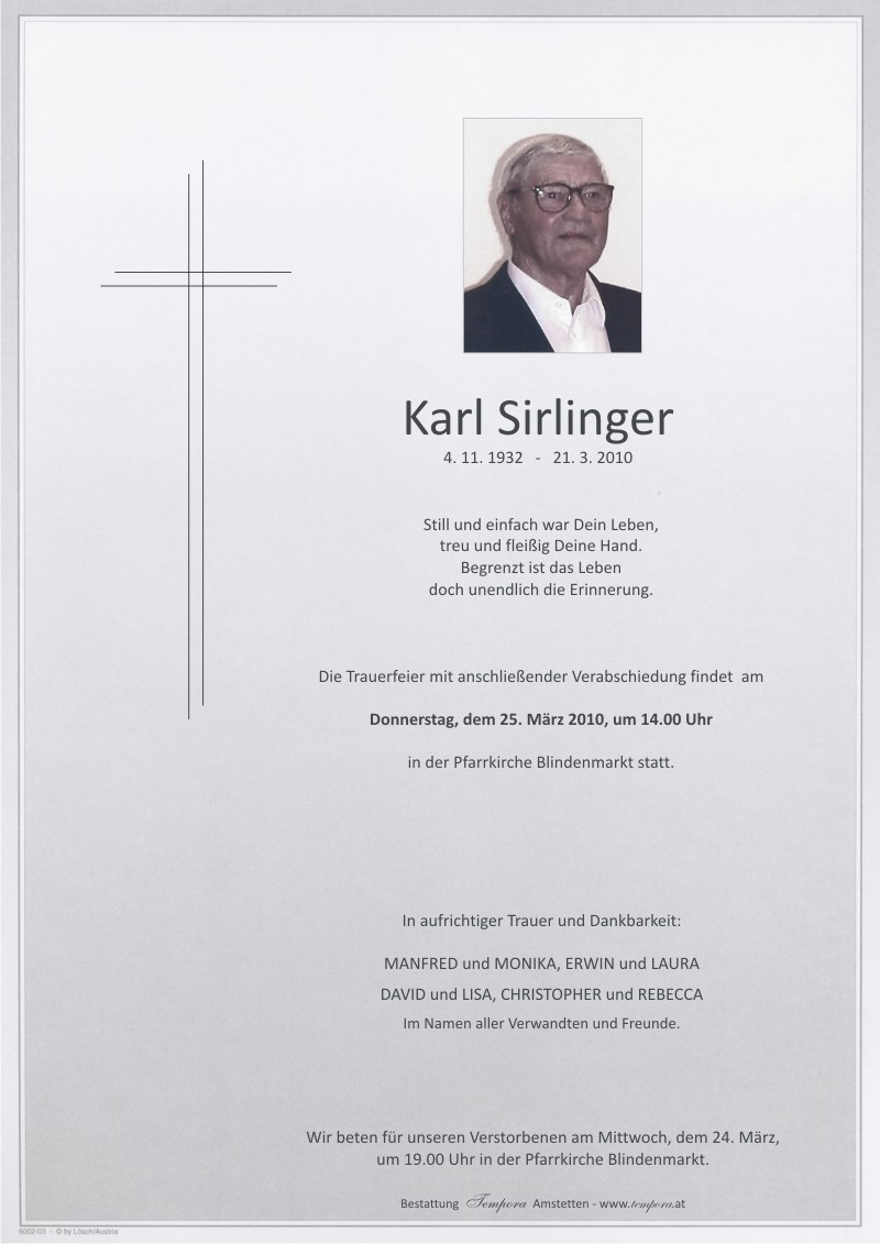 Traueranzeige von Karl Sirlinger