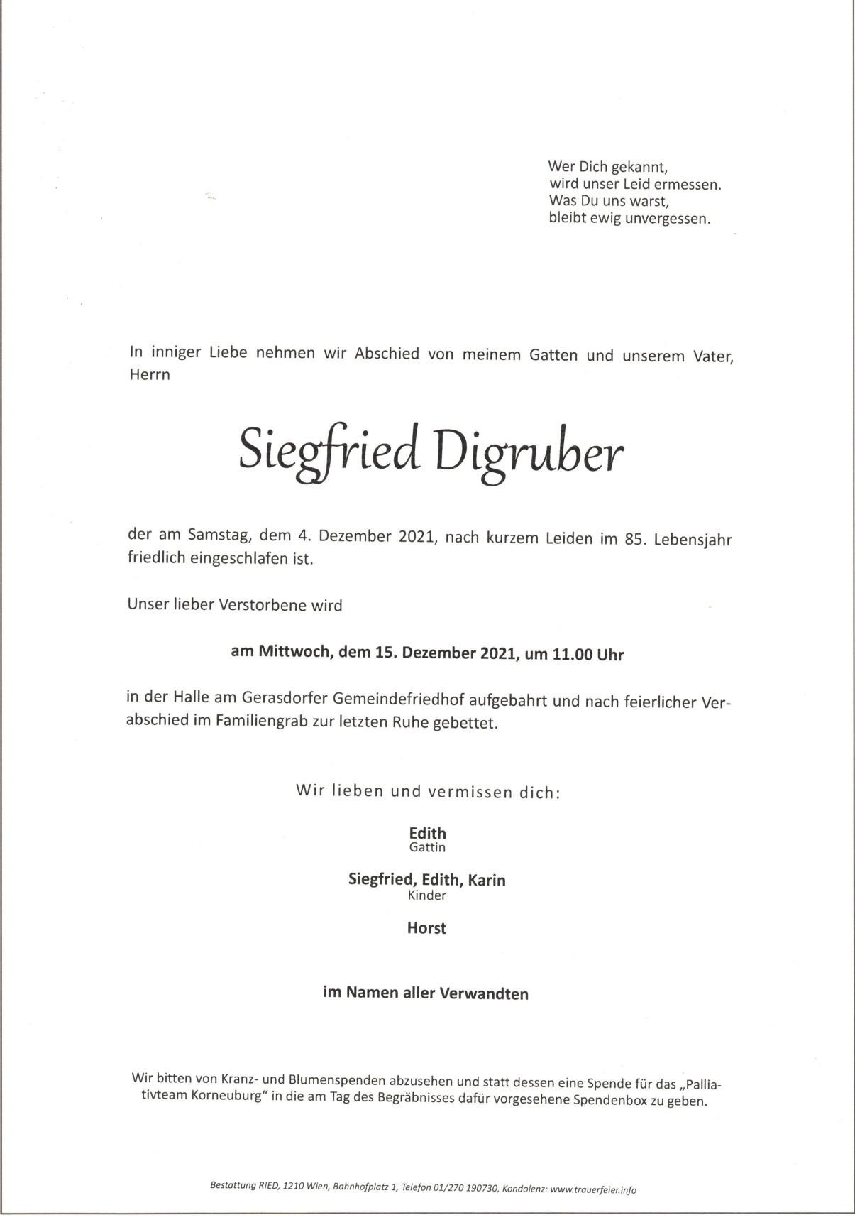Traueranzeige von Siegfried Digruber