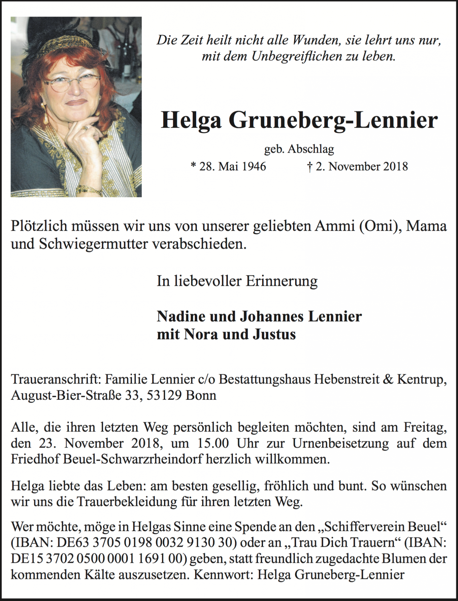 Traueranzeige von Helga Gruneberg-Lennier