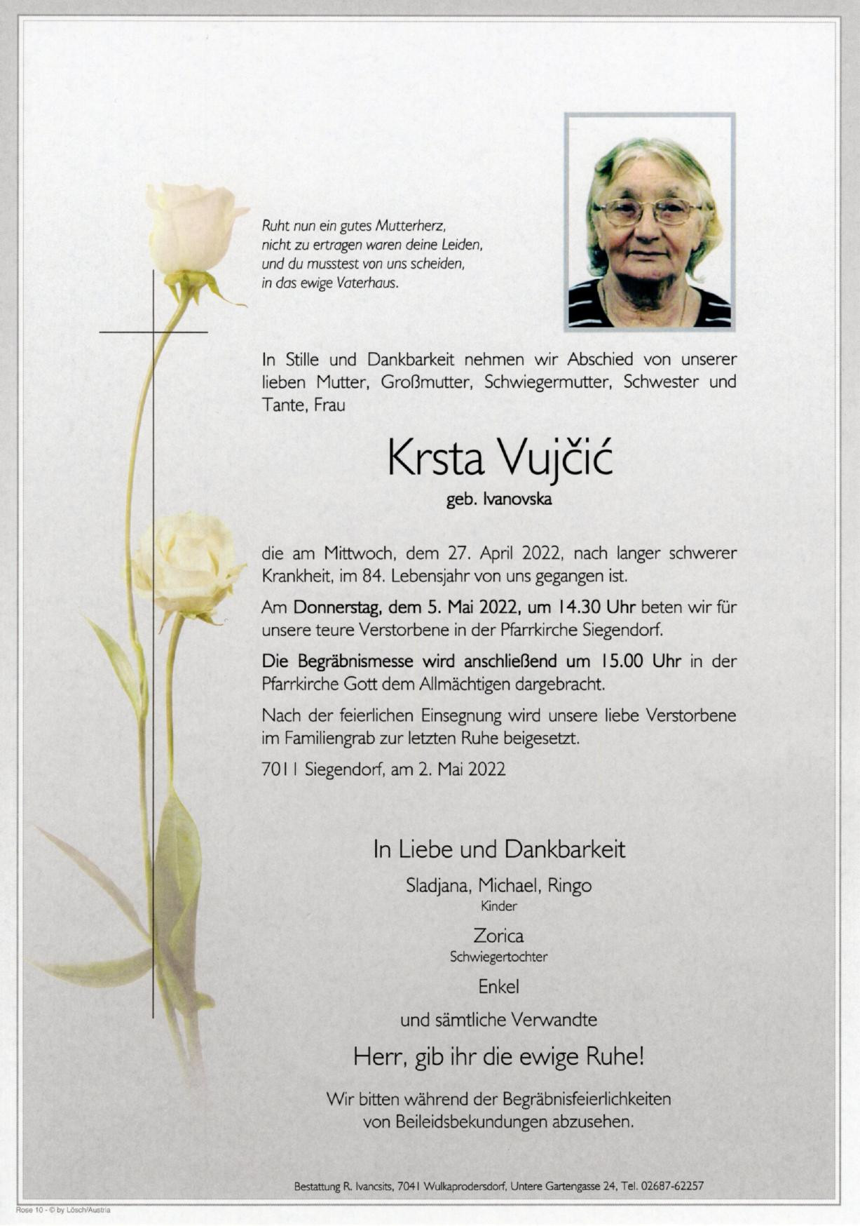Traueranzeige von Krsta Vujcic