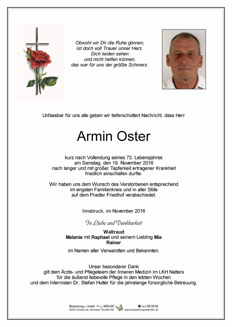 Traueranzeige von Armin Oster
