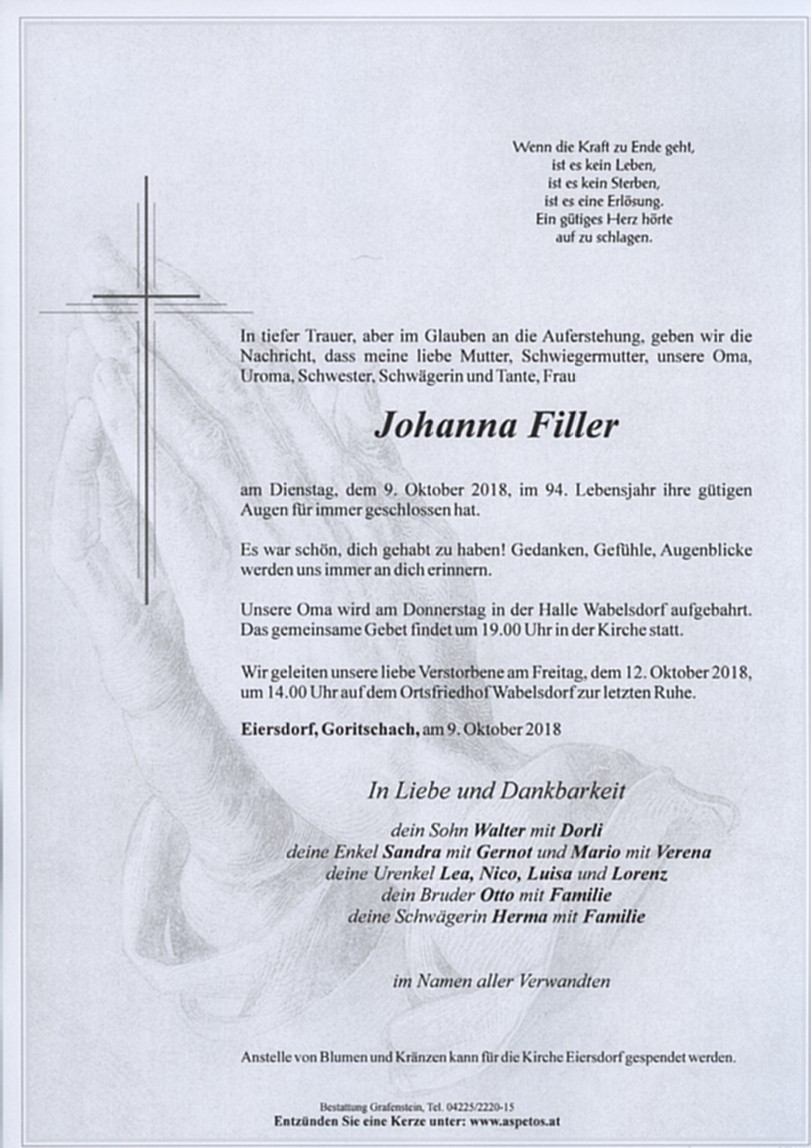 Traueranzeige von Johanna Filler