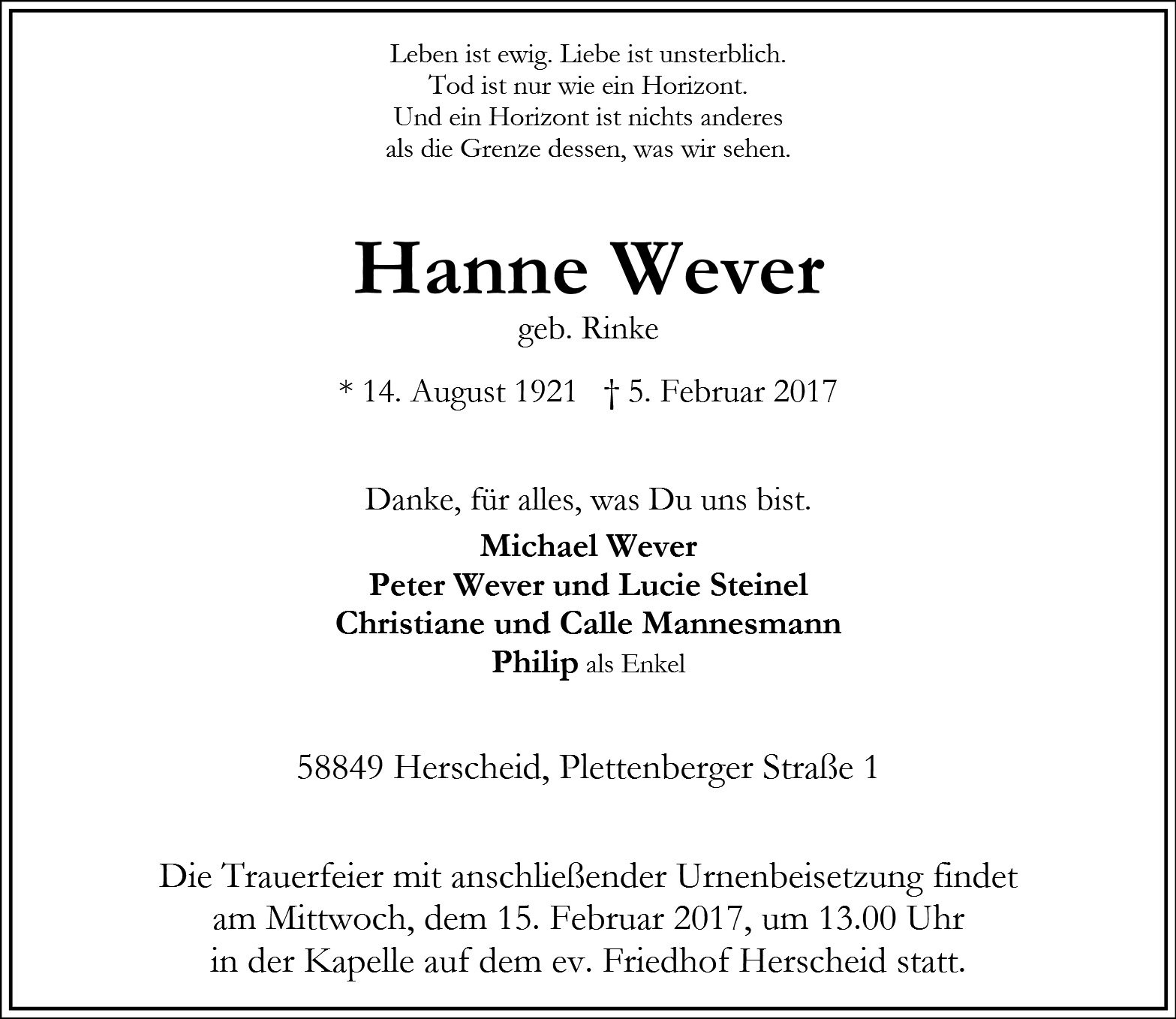 Traueranzeige von Hanne Wever