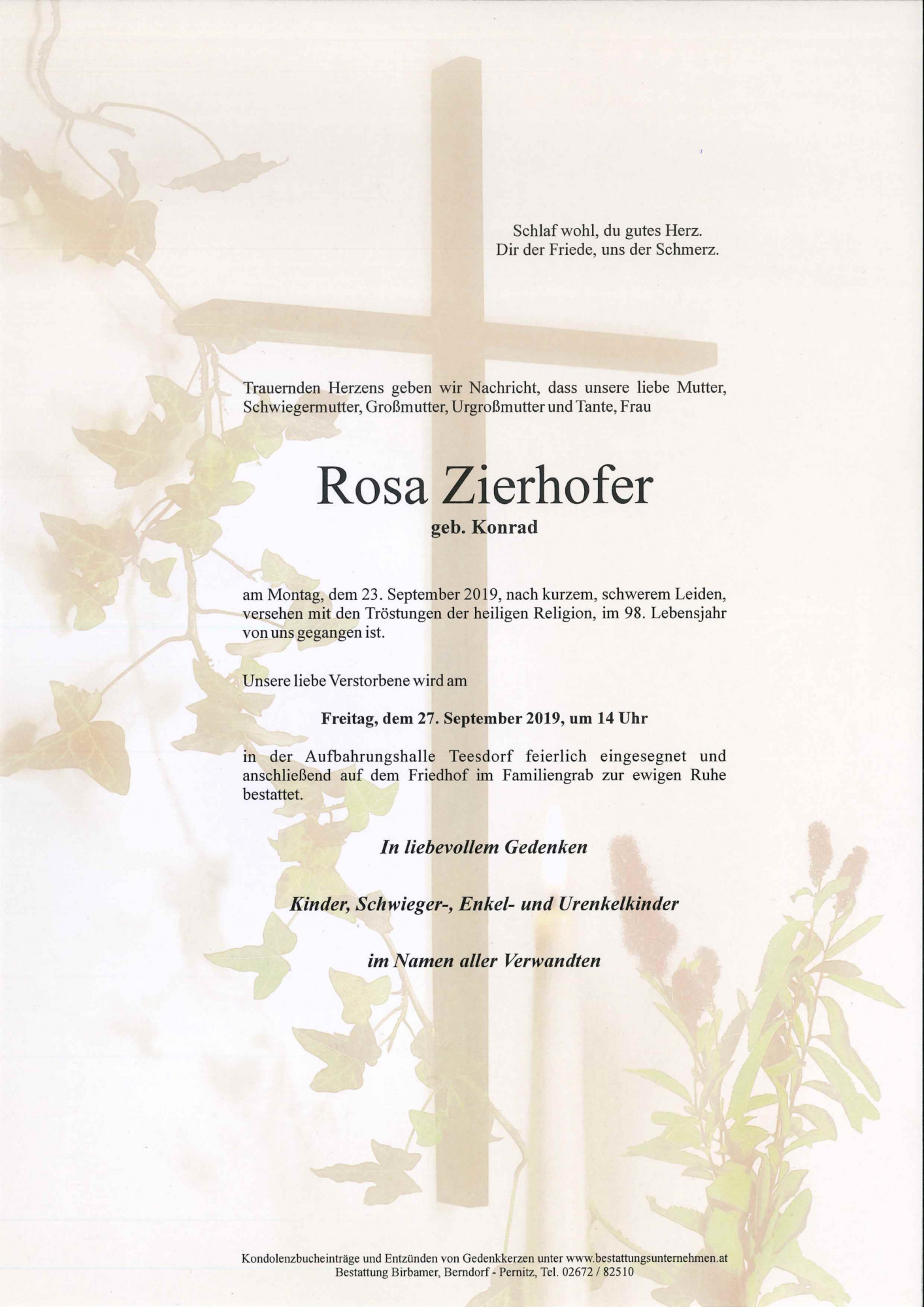 Traueranzeige von Rosa Zierhofer