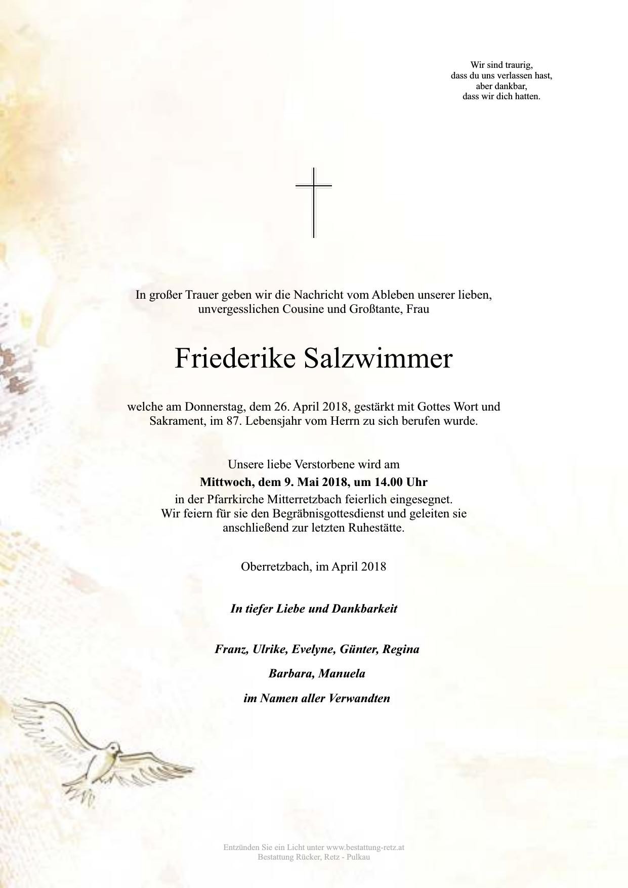 Traueranzeige von Friederike Salzwimmer