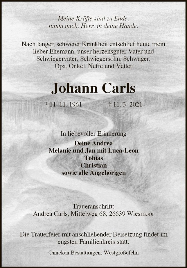 Traueranzeige von Johann Carls