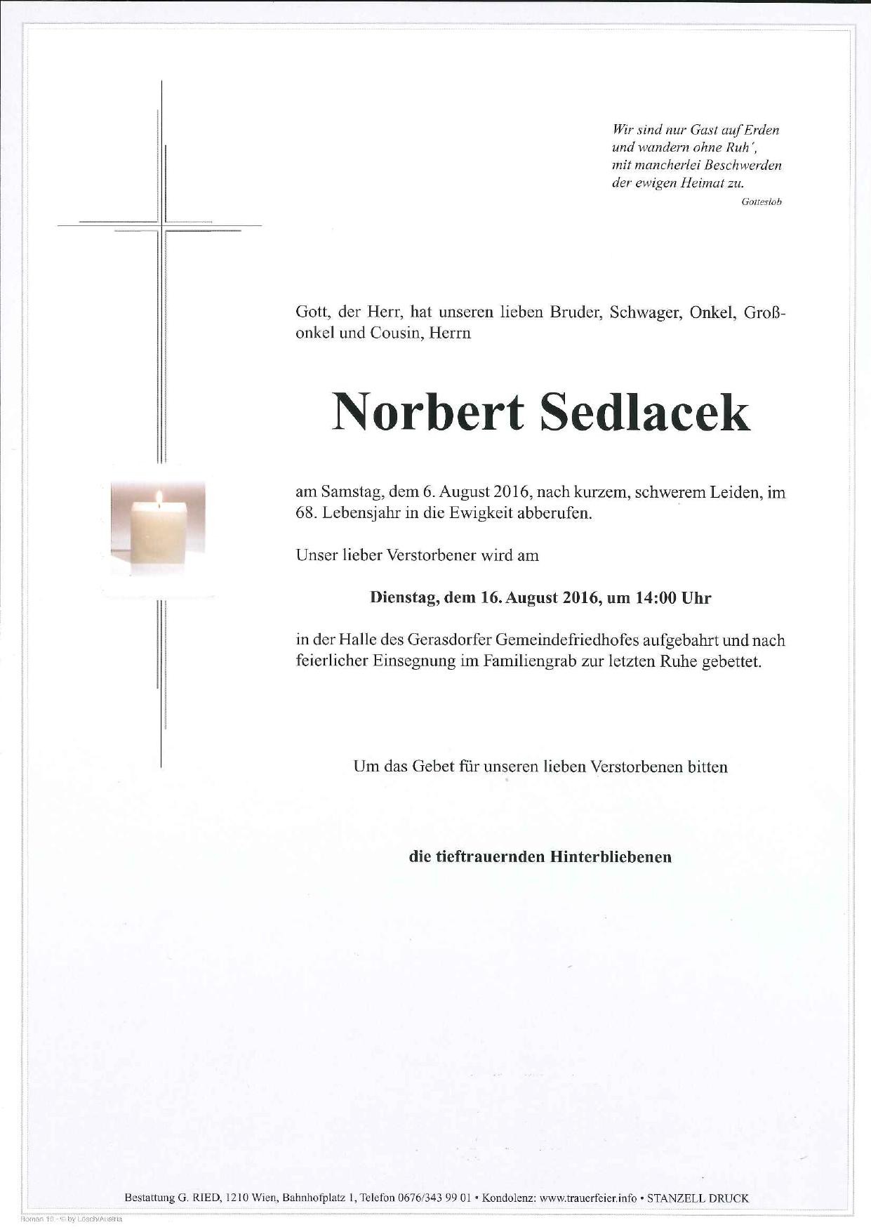 Traueranzeige von Norbert Sedlacek