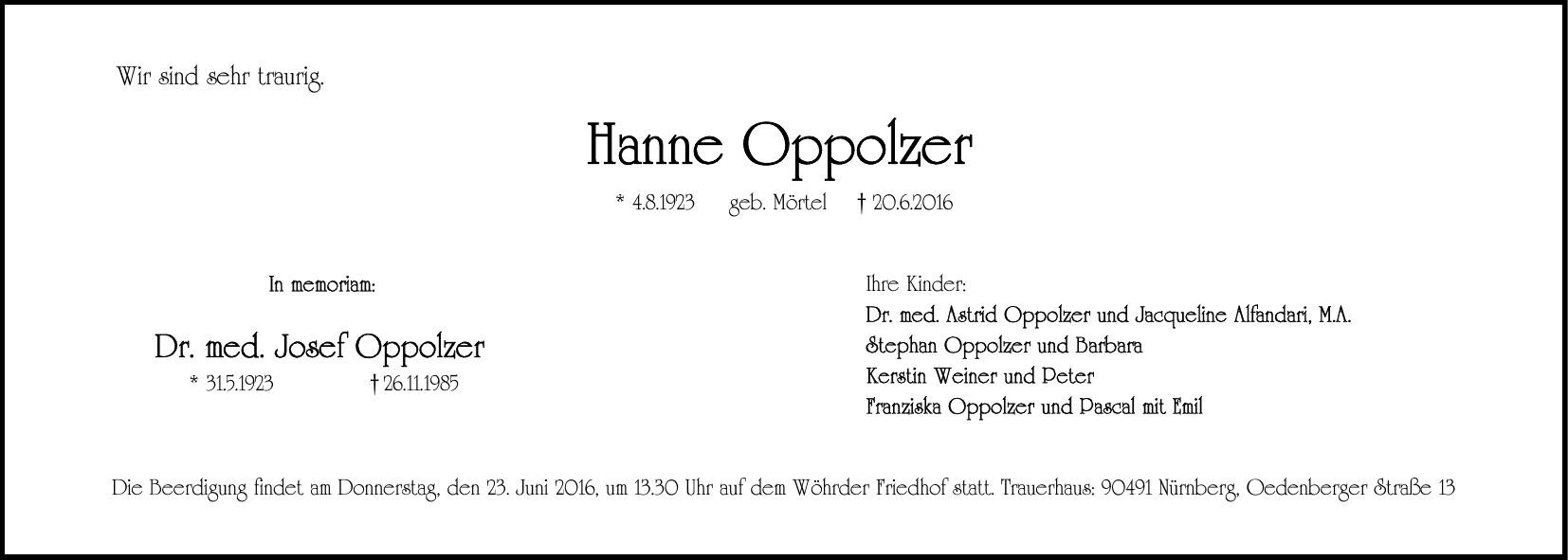 Traueranzeige von Hanne Oppolzer