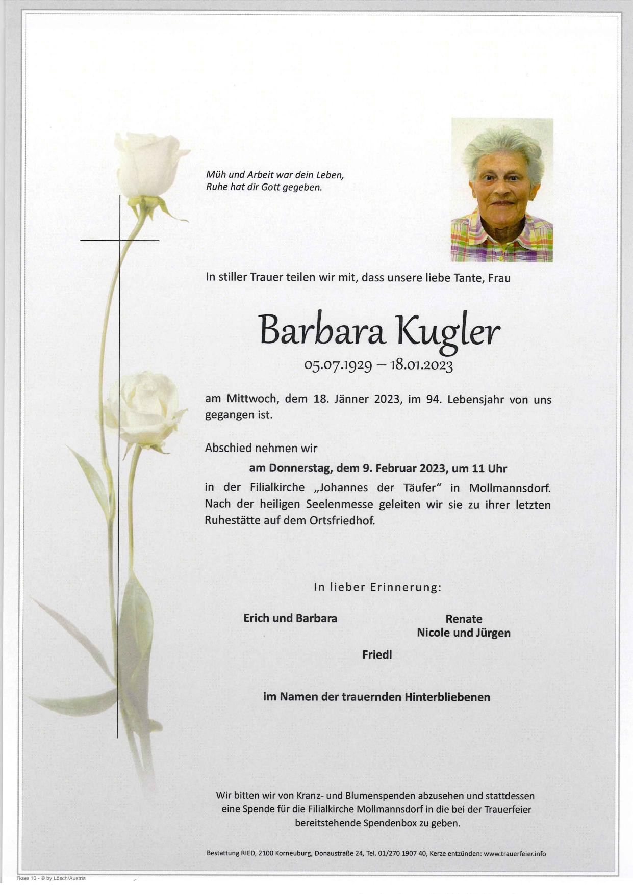 Traueranzeige von Barbara Kugler